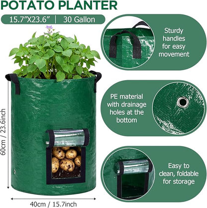 SATINIOR 2 Pack 30 Gallon Potato Grow Bags with Transparent Flap and Handles Green Durable PE Pots Large Plant Grow Bags for Onion Fruits Tomato Carrot