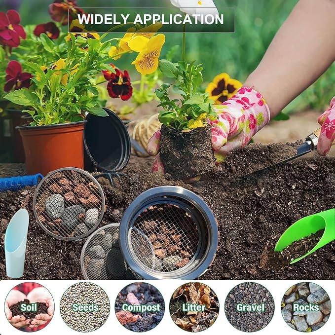 Soil Sifter for Gardening Stainless Steel With1/8in, 1/4in, 3/8in Sieve Mesh,Rock Sifter Garden Sieve for Rocks,Dirt Sifter for 3 Gallon Bucket Strainer Filter Compost Bonsai Pellet