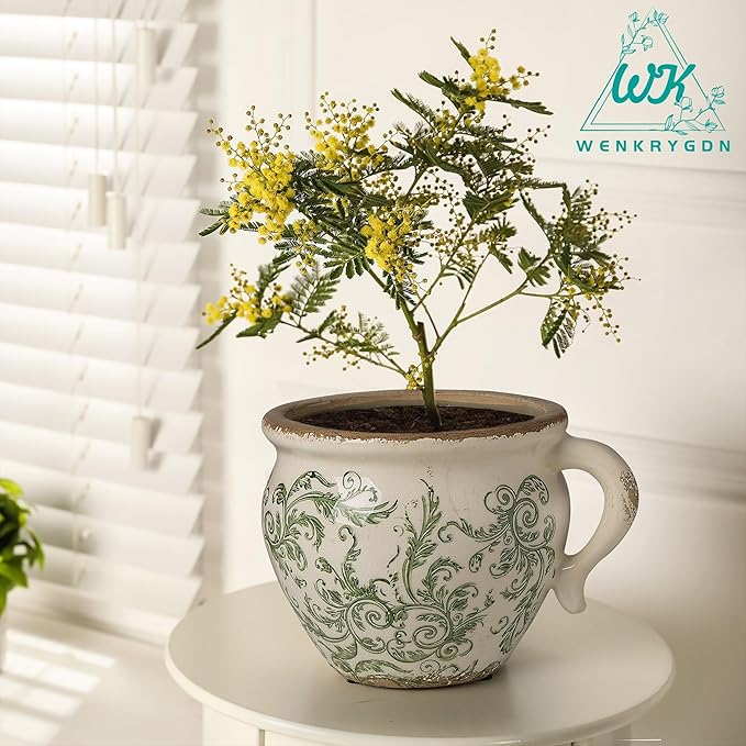 Vintage Flower Pot Rustic Planter Container with Handle Ceramic Ice Crack Plant Pot with Drainge Hole Decorative Planter for Indoor and Outdoor Tuscan Decor Vase Gardening Gift (Green)