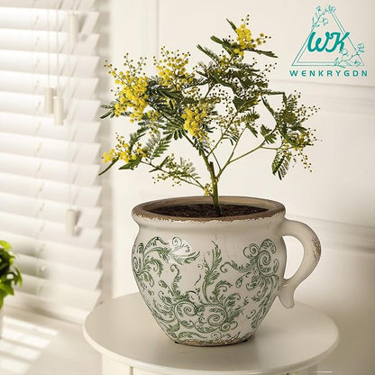 Vintage Flower Pot Rustic Planter Container with Handle Ceramic Ice Crack Plant Pot with Drainge Hole Decorative Planter for Indoor and Outdoor Tuscan Decor Vase Gardening Gift (Green)