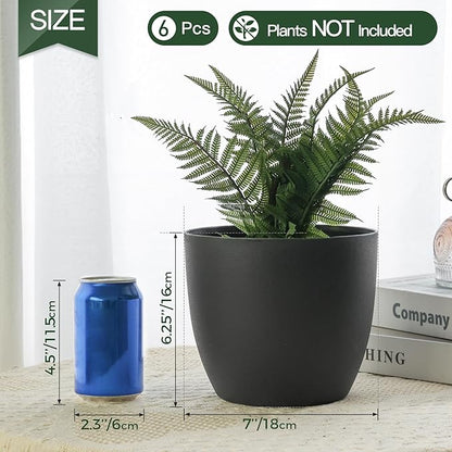 T4U 7 Inch Self Watering Planters Plastic Plant Pot, Modern Decorative Flower Pot/Window Box for All House Plants, Flowers, Herbs, African Violets, Succulents - Black, Set of 6