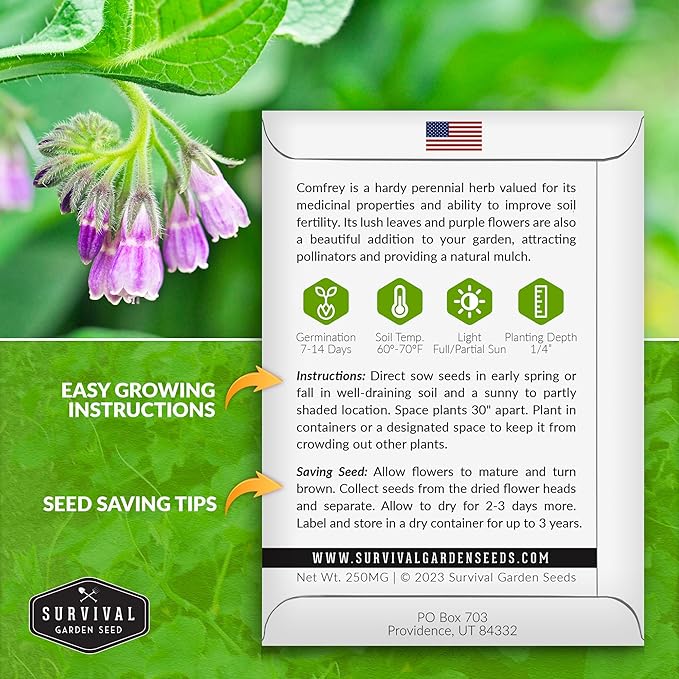 Comfrey Seeds for Planting - Symphytum Officinale Medicinal Perennial Herb for Compost Tea & Natural Skincare - True Slippery Root Non-GMO Heirloom - Survival Garden Seeds (1 Pack)