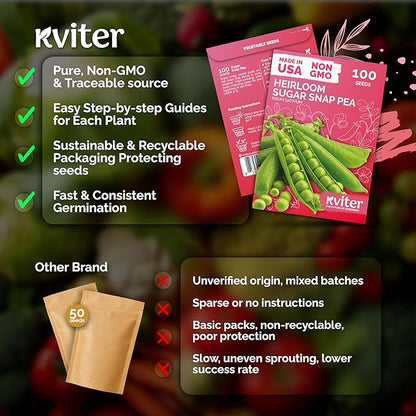 KVITER 100 Sugar Snap Peas Seeds (Pisum sativum) – Sweet Pea Heirloom Seed, Crisp Flavor, Plumper Pods & Early Harvest — Vegetable Seeds for Planting in Outdoor Garden, Containers & Beds