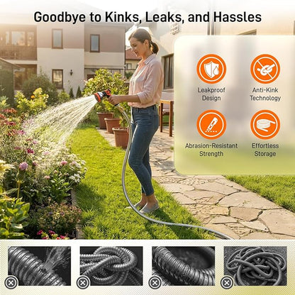 Garden Hose, 100ft 5/8" Stainless Steel Water Hose w/ 10-Mode Spray Nozzle, On/Off Valve, 523 PSI Burst, Anti-Kink, Lightweight All-Weather Flexible, Leakproof 3/4" Brass Male to Female Fittings