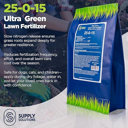 Supply Solutions 25-0-15 Ultra Green Lawn and Turf Fertilizer - 16% Slow Release Nitrogen - Promotes Lush, Green Lawns and Strong Root Growth, Reduces Mowing Frequency (25 Pounds)