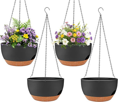 Set of 4-8 Inch Self Watering Hanging Planters for Indoor Outdoor，Hanging Plant Pots with Drainage & Removable Tray, Hanging Pots Holder for Ivy, Pothos, Ferns, Balcony & Patio, Black Brown