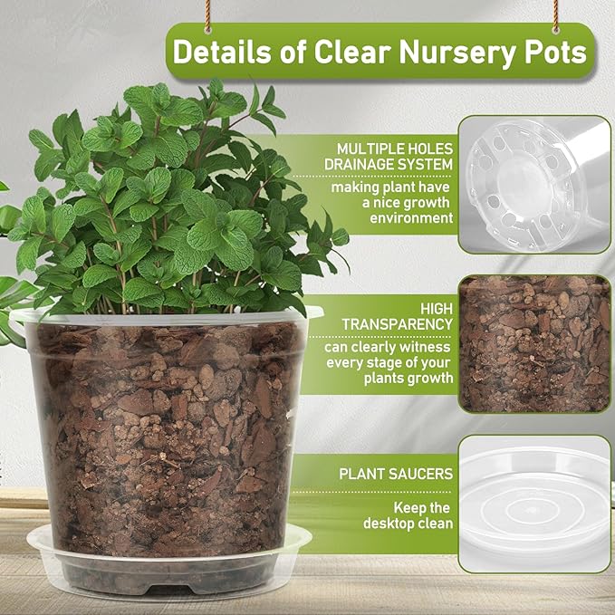 20 Pack 5 Inch Clear Nursery Pots,Plastic Transparent Plant Pot with Drainage Holes and Saucers,Plant Pot Seed Starter Pots for Succulents (5 Inch)