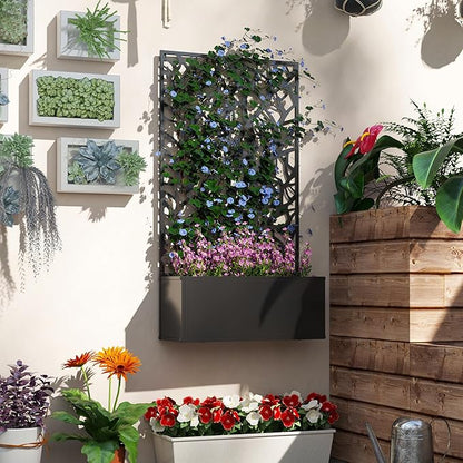 Outsunny Metal Raised Garden Bed with Trellis for Climbing Plants, Freestanding or Wall Mounted Flower Bed with Privacy Panel, Two Big Tree Cut-Outs Outdoor Planter Box for Garden, Patio, Balcony