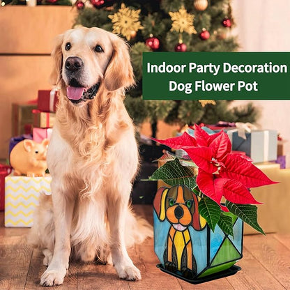 Tiffany Style Dog Planter,Indoor Plant Pots with Drainage,Unique Cactus Pot,Arrange Dried Flowers Flower Pots,Plant Gifts for Dog Lovers