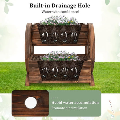 Giantex Wooden Wagon Planter Box, Garden Planter with Drainage Holes & Wheels for Flowers Herbs Vegetables, Indoor Outdoor Decorative Flower Cart for Patio Garden Balcony (2)