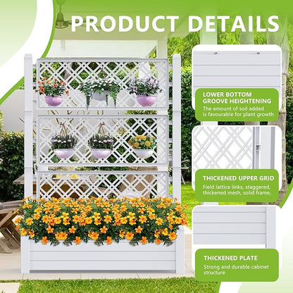 Raised Garden Bed with Trellis for Climbing Plants, 43.43" L x 18.27" W x 59.29" H Planter Box with Self Watering Drainage Holes for Outdoor Backyard Patio Balcony, Anti-Rust Resin (Ashen)