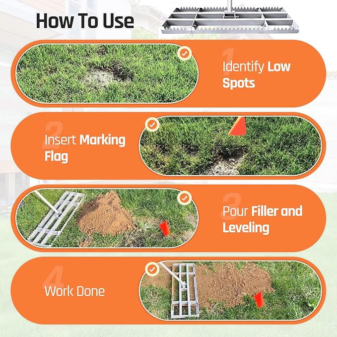 Lawn Leveling Rake, 2-in-1 Double Side can Switch, with 20pc Marking Flags to Mark Low Spot, Stainless + Powder-Coat, FLAT Level Soil/Dirt/Compost on Lawn, SERRATED Rake Dead Grass/Ruts/Gravel on Yard