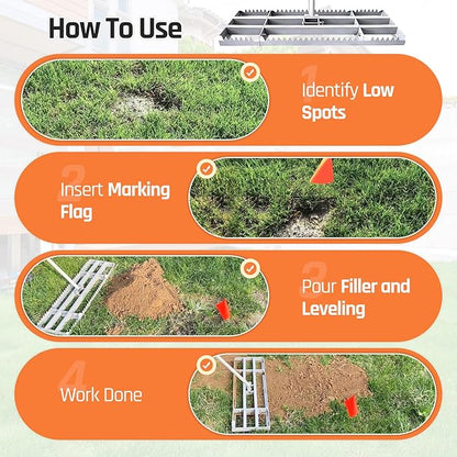 Lawn Leveling Rake, 2-in-1 Double Side can Switch, with 20pc Marking Flags to Mark Low Spot, Stainless + Powder-Coat, FLAT Level Soil/Dirt/Compost on Lawn, SERRATED Rake Dead Grass/Ruts/Gravel on Yard
