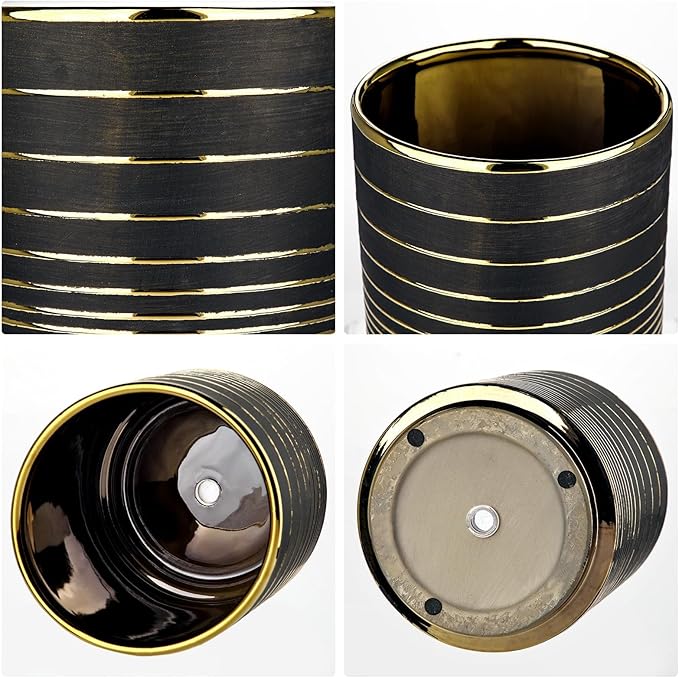 Black Ceramic Plant Pots, 5.5 + 6.2 Inch Gold Striped Panters for Plants, Modern Flower Pots for Home and Office, Indoor Planters with Drainage for Succulent Cactus Home Decoration Gift Indoor Outdoor