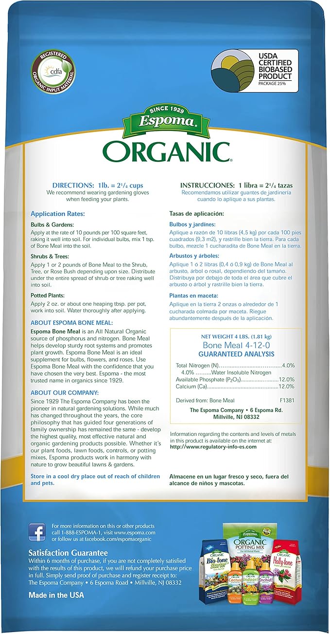 Espoma Organic Bone Meal Fertilizer 4-12-0. All-Natural Plant Food Source of Nitrogen and Phosphorus for Organic Gardening. for Bulbs & Other Flowering Plants. 4 lb. Bag; Pack of 2