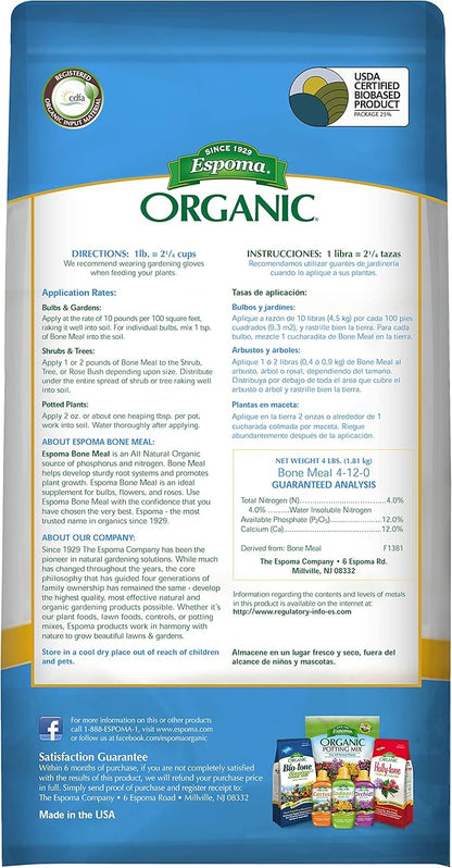 Espoma Organic Bone Meal Fertilizer 4-12-0. All-Natural Plant Food Source of Nitrogen and Phosphorus for Organic Gardening. for Bulbs & Other Flowering Plants. 4 lb. Bag; Pack of 2