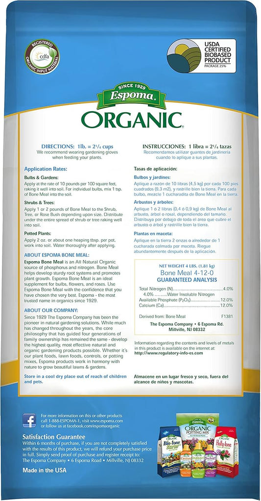Espoma Organic Bone Meal Fertilizer 4-12-0. All-Natural Plant Food Source of Nitrogen and Phosphorus For Organic Gardening. For Bulbs & Other Flowering Plants. 4 lb. bag. Pack of 2.
