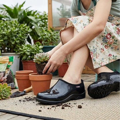 HISEA Waterproof Garden Shoe for Women Outdoor Slip-On Garden Clogs Rubber Rain Boots Short Ankle Booties Rain Shoes with Comfort Insole