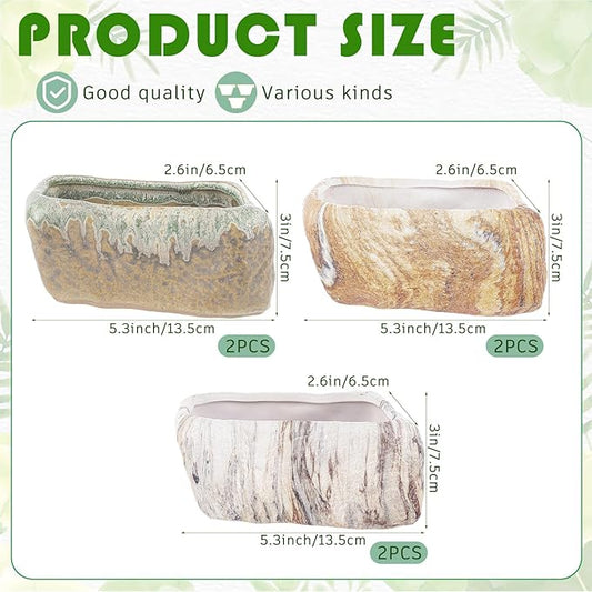 6 Pcs 5.3 Inch Ceramic Succulent Pots Stone Shape Bulk Rectangle Window Box Cactus Plant with Drainage Hole Succulent Planters Small Cactus Pots for Indoor Garden Office Table Decor Gift