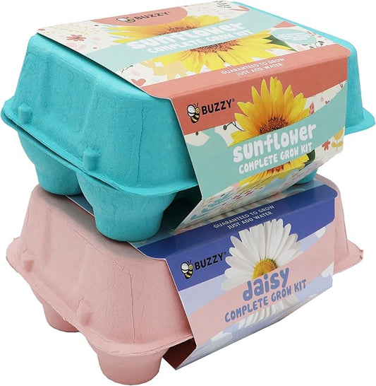 Buzzy Seeds Flower Starter Kit | 2-Pack Eco-Friendly Colorful Egg Cartons | Sunflower & Daisy Seeds | Indoor Flower Grow Kit | Gardening Gift | Ideal for Easter or Mother's Day Gifting