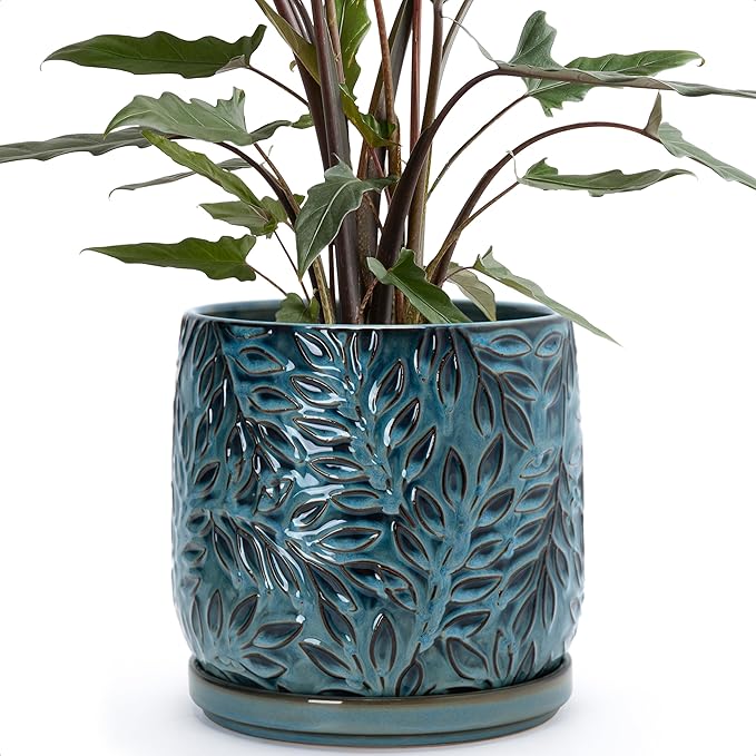D'vine Dev 8 Inch Embossed Leaves Stoneware Planter Pot with Drainage Hole and Saucer, Ocean Teal, 27-A-Q-8