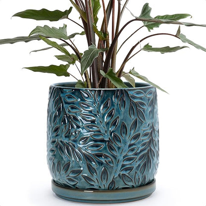 D'vine Dev 8 Inch Embossed Leaves Stoneware Planter Pot with Drainage Hole and Saucer, Ocean Teal, 27-A-Q-8