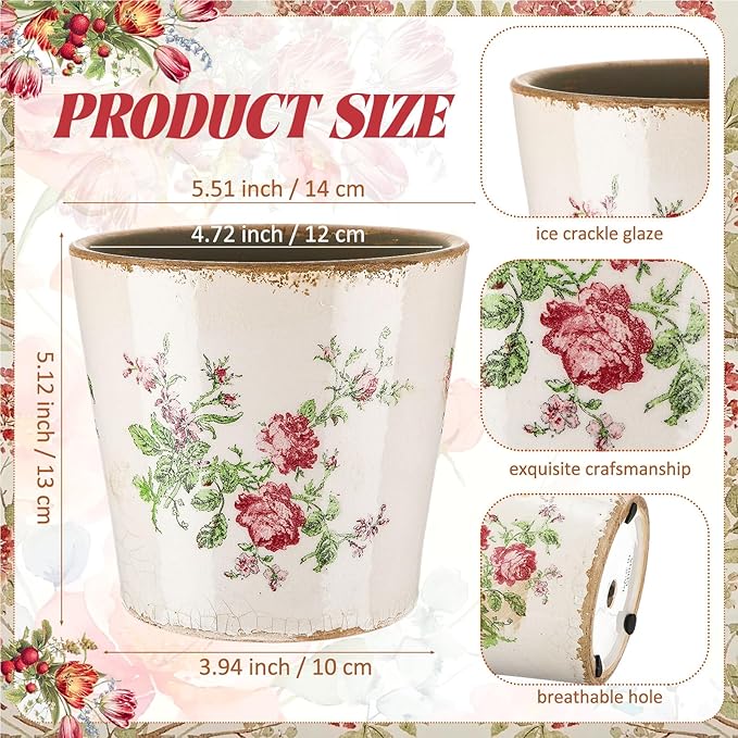 1 Pcs Ceramic Floral Plant Pots with Drainage Hole 5.5 Inch Vintage Farmhouse Accent Planter Rustic Ice Glazed Crack Flower Planter for Indoor Outdoor Home Decor (Pink Rose,Beige and Pink)