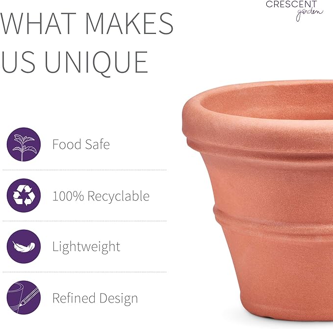 Crescent Garden Brunello Small Classic Rolled Rim Planter, Indoor/Outdoor Plastic Round Pot - Traditional Planter for Herbs, Plants, Houseplant -14''W (Terracotta-Color)