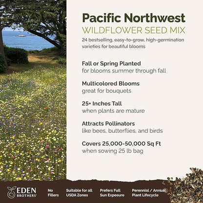 Eden Brothers Pacific Northwest Wildflower Mixed Seeds for Planting, 25 lb, 12,000,000+ Seeds with Cornflower, CA Bluebell, Attracts Pollinators, Plant in Spring or Fall, Zones 3, 4, 5, 6, 7, 8, 9, 10