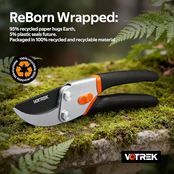 VOTREK® Pruning Shears, 8.5” Professional Garden Pruner with Jam-Proof Spring & Ever-Sharp SK5 Blade, Ergonomic Bypass Clippers for Rose, Tree Trimming, Heavy Duty Bonsai Scissor for Weak Hand
