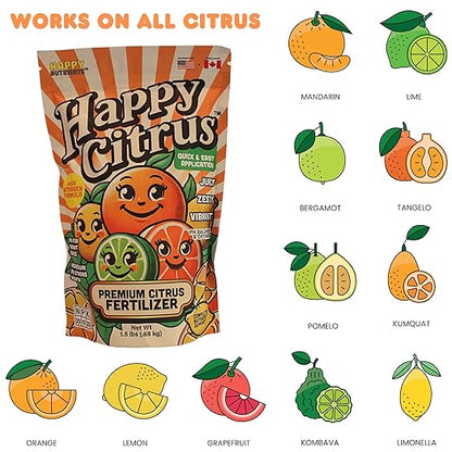 Citrus Fertilizer by Happy Nutrients - High Nitrogen Citrus Tree & Plant Fertilizer with Iron - Nutrient Support for Juicy, Flavorful Citrus - 1.5 lbs for Indoor/Outdoor Citrus Trees & Fruit Plants