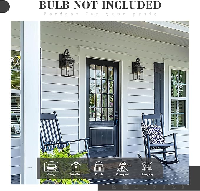 Emliviar 2 Pack Outdoor Wall Lanterns, 15" Modern Wall Mount Lamps for House, Black Finish with Water Ripple Glass, DE281B-2PK BK-WP