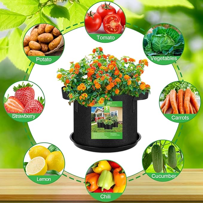 5 Pack 3 Gallon Grow Bags with 5 Plant Saucer and 5 Labels, Sturdy Fabric Plant Pots, Fabric Garden Grow Bags for Vegetables, Aeration Pots with Handles