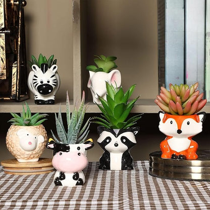 Patelai 6 Pieces Cute Animal Succulent Planter Pot with Drainage Hole, Cartoon Cow Elephant Ceramic Flower Plant Pot Tiny Flower Planter Cactus Container Indoor Outdoor Office Home Decor