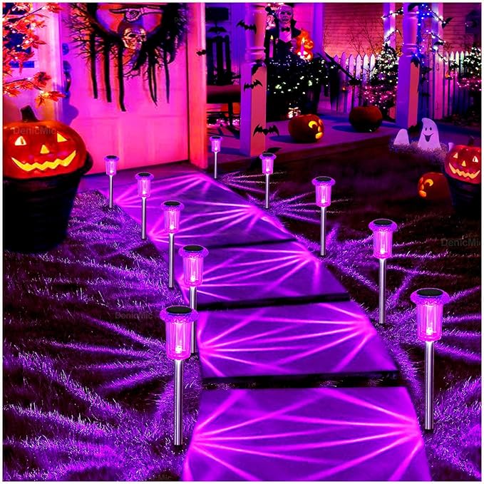 DenicMic Solar Lights Outdoor 10 Pack Waterproof Purple LED Stainless Steel Stake Outside Lights for Yard Pathway Garden Driveway Walkway Landscape Path Lighting