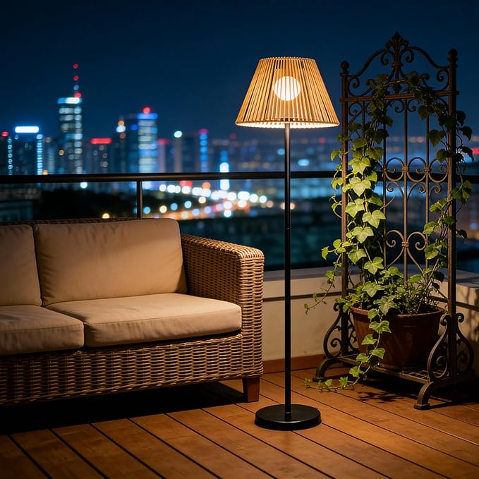 46" Solar Outdoor floor lamps for Patio Decor. Rattan Wicker Lights,Hand Woven Lamp Stable MetalLanterns Outdoor Waterproof Rechargeable,Ideal for Gardens, Yards, Pathways, Driveways and Porches.