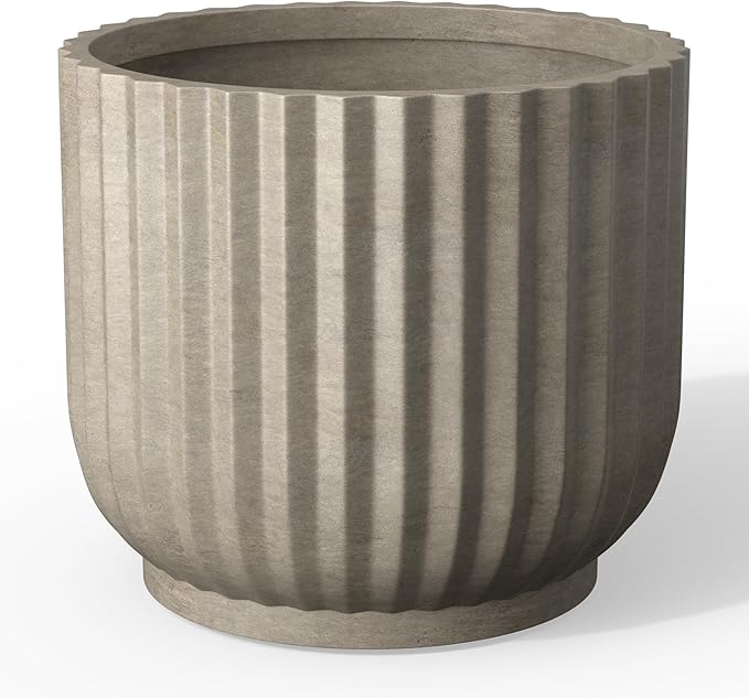 Kante Round Fulted Planter, 14 Inch Dia Large Concrete Plant Pots with Drainage Hole and Rubber Plug, Modern Decor for Indoor Outdoor Plants, Flower, Weathered Concrete