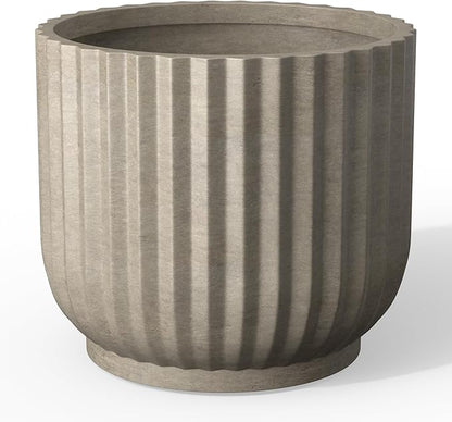 Kante Round Fulted Planter, 14 Inch Dia Large Concrete Plant Pots with Drainage Hole and Rubber Plug, Modern Decor for Indoor Outdoor Plants, Flower, Weathered Concrete