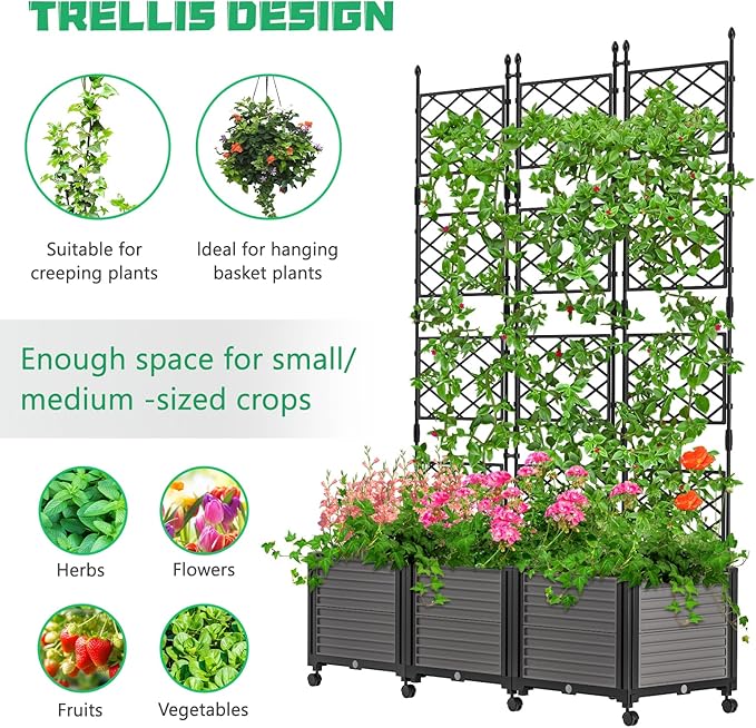 DoCred 63" H Raised Garden Bed Planter Box with Trellis, Floorstanding Vertical Horticulture Planter Box Tomato Cage with Wheels for Vine Climbing Plants, Flowers, Herbs