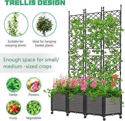 DoCred 63" H Raised Garden Bed Planter Box with Trellis, Floorstanding Vertical Horticulture Planter Box Tomato Cage with Wheels for Vine Climbing Plants, Flowers, Herbs