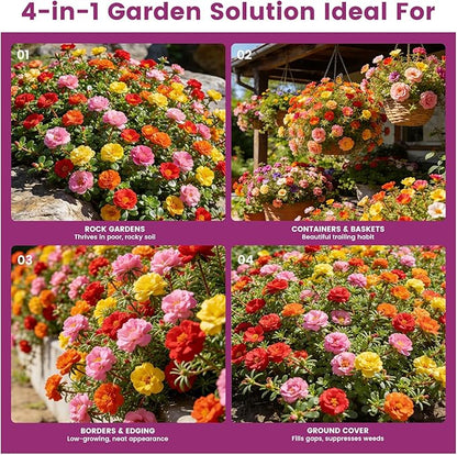 Moss Rose Seeds Bulk Pack - 50,000+ Non-GMO Heirloom Portulaca Seeds for Planting Outdoors, Rainbow Color Mix, Drought-Tolerant Ground Cover & Container Flowers, USDA Zones 2-11