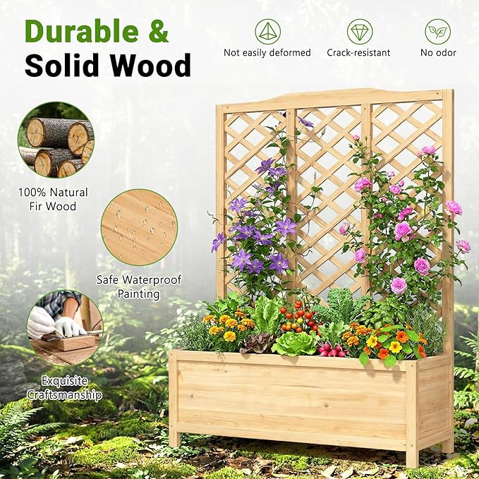 DoCred Raised Garden Bed with Trellis, 44" L x 16" W x 59" H Freestanding Elevated Planter Box for Climbing Plants, Outdoor Wooden Privacy Screen with Garden Box for Backyard Patio Balcony Decor