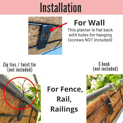 LaLaGreen Wall Planter - 4 Pack, 30 Inch Large Black Window Flower Basket Boxes Outdoor Attach House, Rectangular Deck Railing Hanging Pot with Coco Liner Over Rail Fence Balcony Patio Porch
