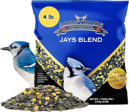 Armstrong Wild Bird Food Royal Jubilee Jays Blend, 4 Pounds - with Whole Corn, Striped Sunflower, Black Oil Sunflower and Peanuts for Blue Jays - Ideal for Outside Feeders
