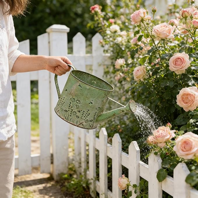 Vintage Metal Watering Can Planter with Embossed Floral - Distressed Green Decorative Watering Pot for Indoor/Outdoor Flowers, Succulents & Herbs, Rustic Home Decor Accent
