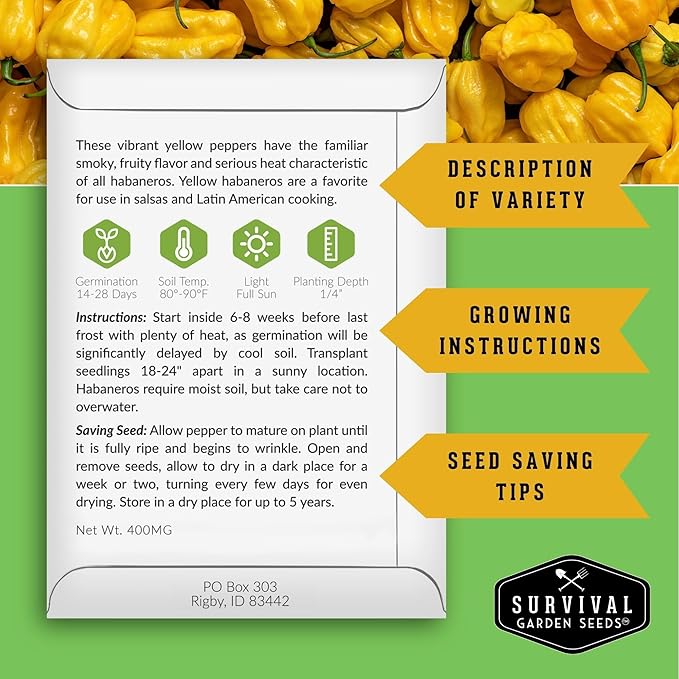 Habanero Pepper Seeds for Planting Variety Pack – 4 Varieties: Red, Orange, Yellow, & Mini White Extremely Hot Chili Peppers, Heirloom Non-GMO Open-Pollinated – Survival Garden Seeds