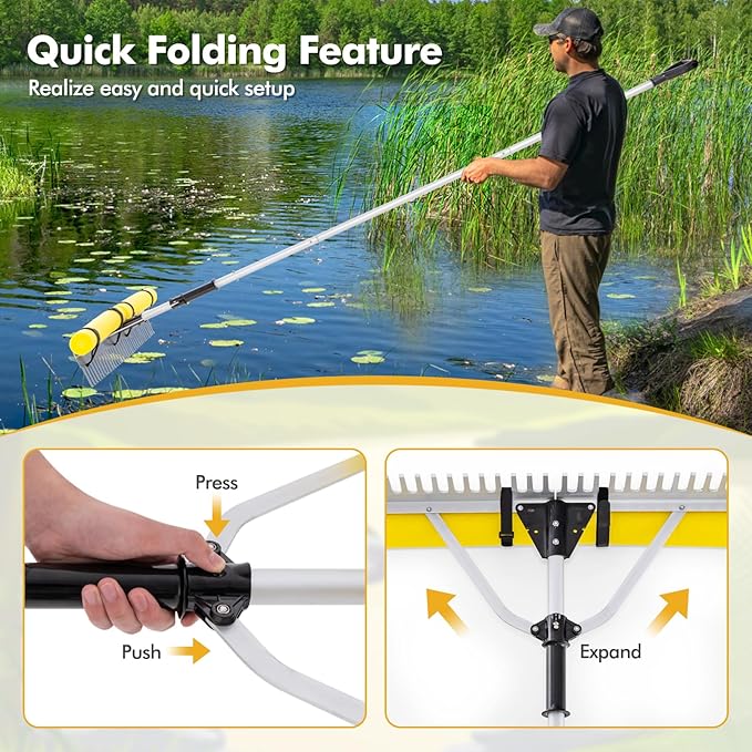 IRONMAX Lake Rake, 36’’ Folding Aluminum Aquatic Weed Rake Weed Cutter with Foam Floats, Extended Handle & Rope, Weed Rake for Algae Removal Plant Cutting