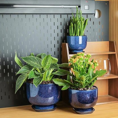 vicrays Ceramic Plant Pots Indoor - 6.8/5.5/4.3 Inch Planter Pot with Drainage Hole and Saucer for Succulent Orchid Flower Herbs Cactus - Gardening Home Desktop Office Decor – Set of 3 Blue