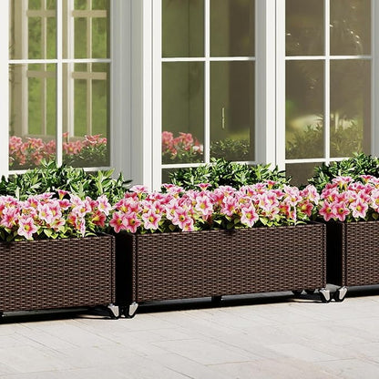 Giantex Set of 2 Wicker Raised Garden Bed with Wheels, 38”x12”x14”, Rectangular Garden Planter Box w/PE Rattan, Liner Fabric, Wicker Patio Elevated Raised Bed for Vegetable Flower Herb Porch Balcony