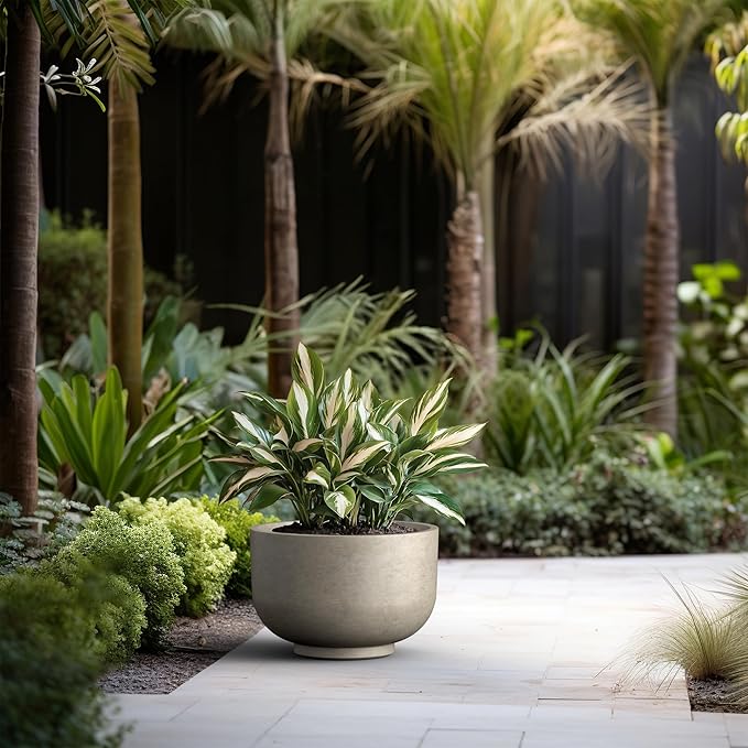 Kante 17.7 Inch Dia Concrete Bowl Planter, Large Tapered Bottom Plant Pot with Drainage, Smooth Weathered Concrete Finish with Painted Interior, Ideal for Porch, Home, Garden, Patio
